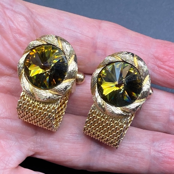 Vintage SWANK Cuff Links Green/Golden  Stone Gold Tone Mesh Wrap Around - Picture 5 of 12